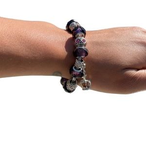 Purple and Pink Beaded Crown and Cross detailed Bracelet
